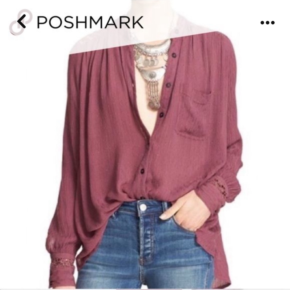 Free people dusty mauve lace detail oversized button down shirt